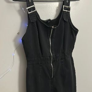 Black denim zippered overalls